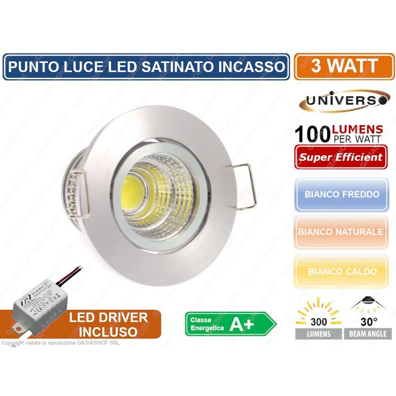 foto del prodotto faro faretto led punto luce rotondo colore acciaio satinato incasso 3w 3000k 4000k 6500k colore luce bianco caldo
