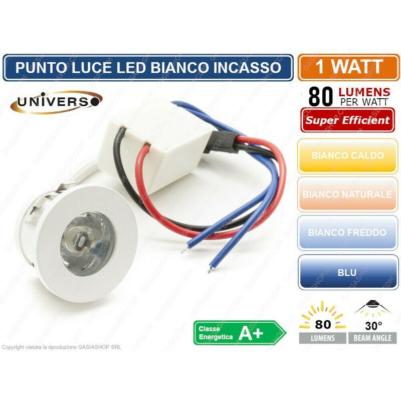 foto del prodotto faro faretto led punto luce rotondo colore bianco incasso 1w 3000k 4000k 6500k blu colore luce bianco naturale