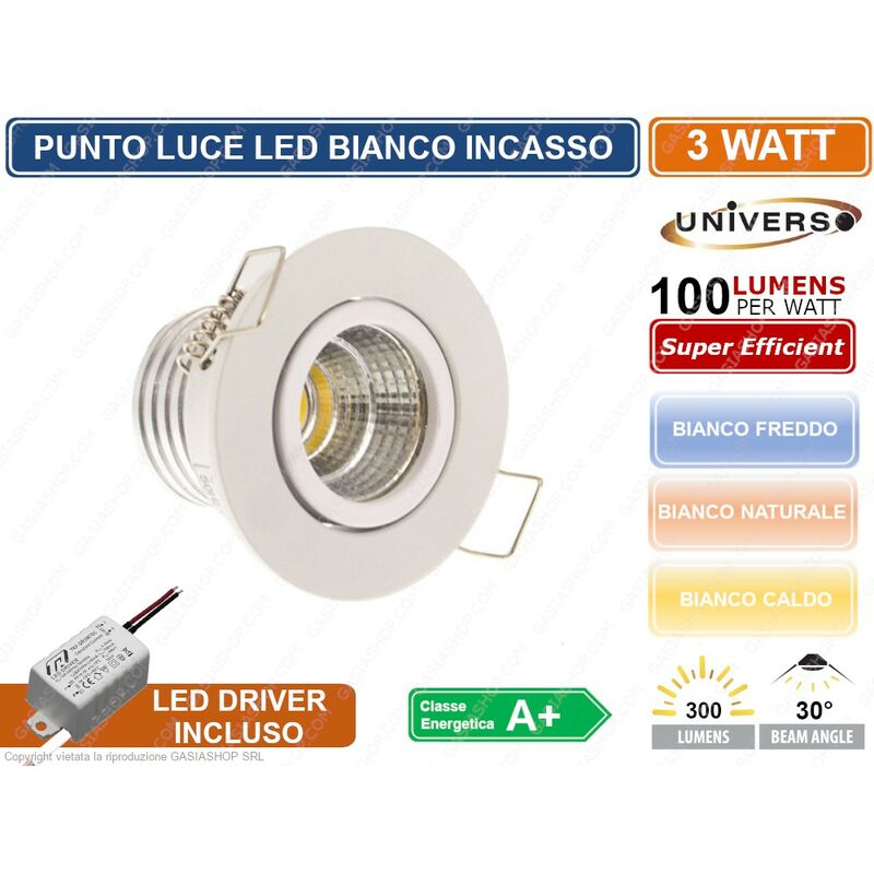 foto del prodotto faro faretto led punto luce rotondo colore bianco incasso 3w 3000k 4000k 6500k colore luce bianco naturale