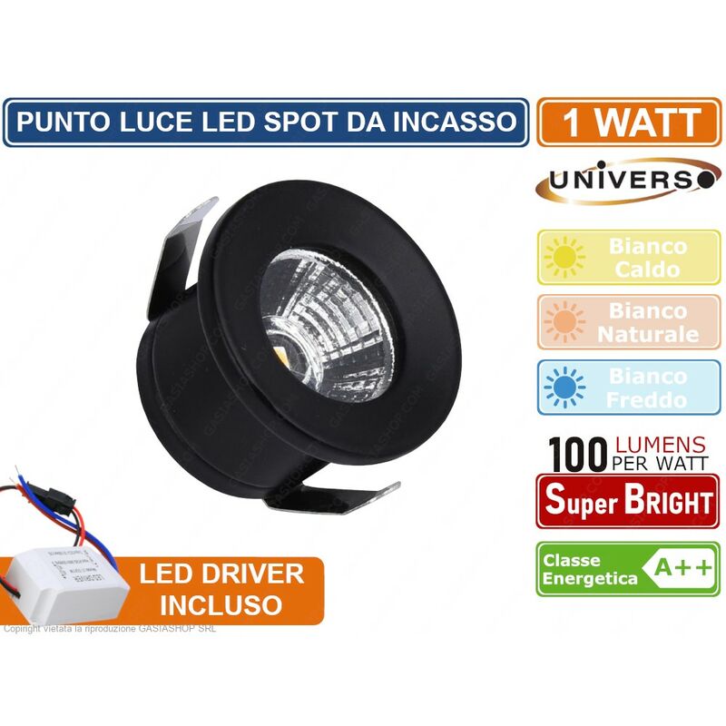 foto del prodotto faro faretto led punto luce rotondo colore nero da incasso 1w 3000k 4000k 6500k ip20 colore luce bianco naturale