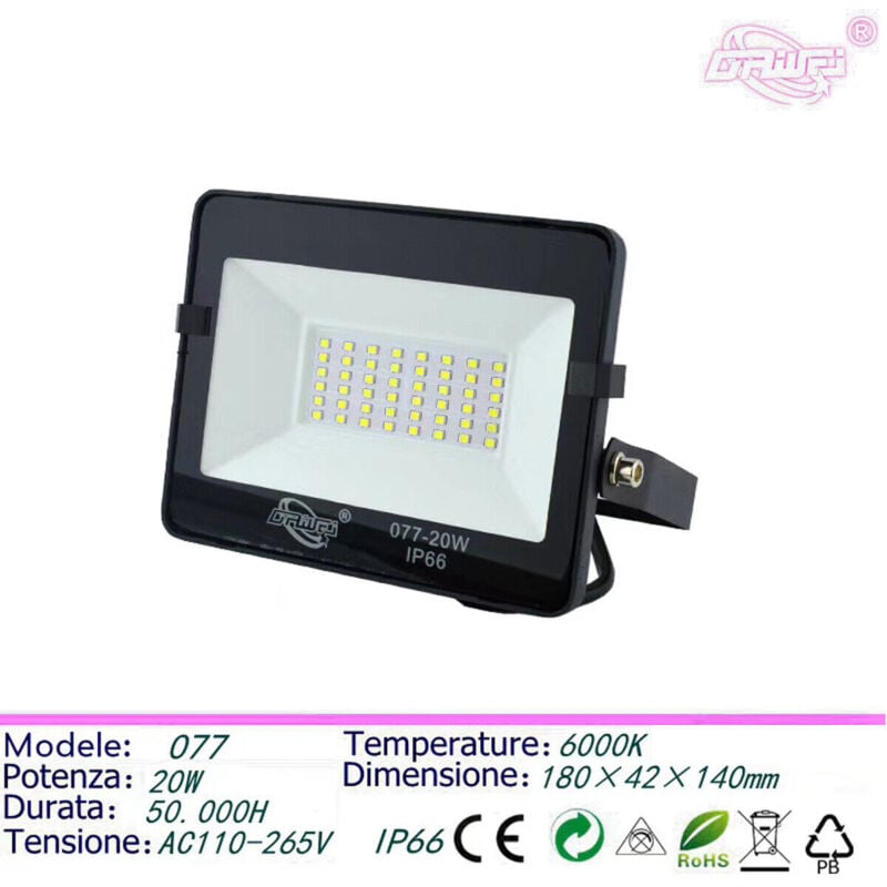 foto del prodotto faro faretto led smd da esterno ip66 20w 6000k bianco freddo slim nero