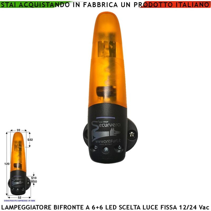 foto del prodotto faro lampeggiante arancione 6+6 led luce fissa o intermittente montaggio a palo o parete monitore su automatismi pericolo macchina in movimento