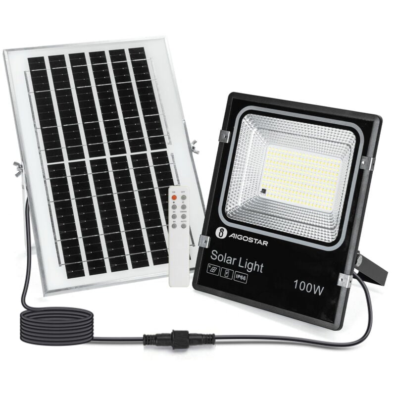 foto del prodotto faro led 100w nero con pannello solare ip66 cct temperatura colore regolabile dimmerabile con telecomando e crepuscolare aigostar