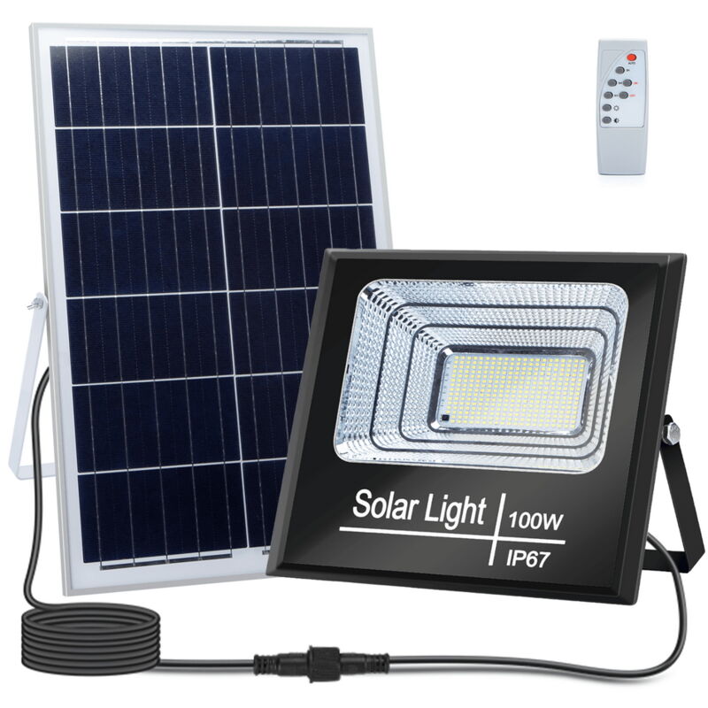 foto del prodotto faro led 100w nero con pannello solare ip67 bianco freddo 6500k dimmerabile con telecomando e crepuscolare aigostar