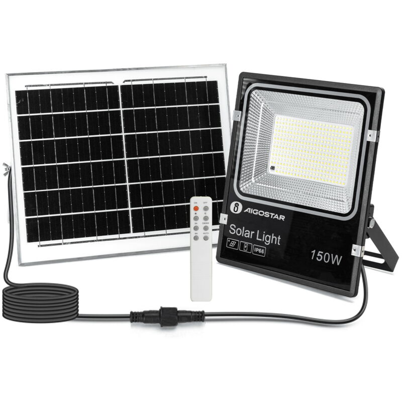 foto del prodotto faro led 150w nero con pannello solare ip66 cct temperatura colore regolabile dimmerabile con telecomando e crepuscolare aigostar