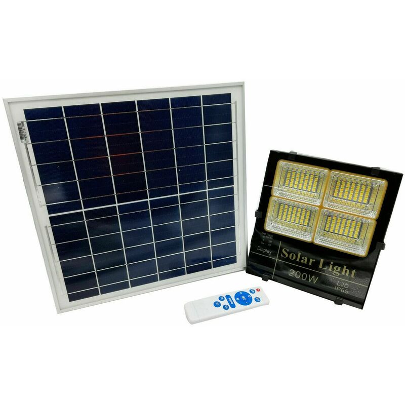 foto del prodotto faro led 200w con pannello solare luce bicolore calda o fredda ip65