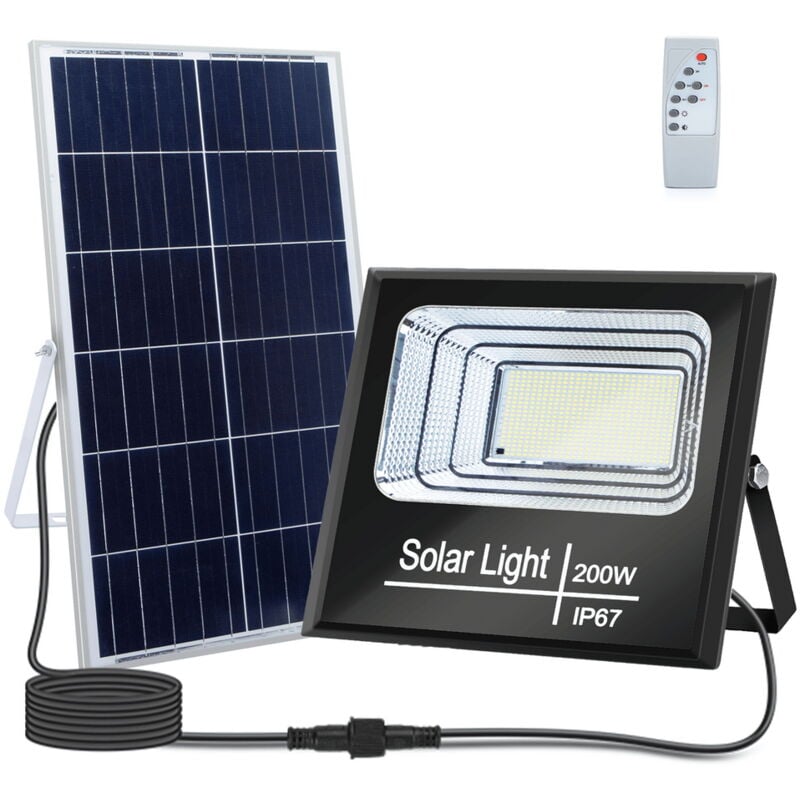 foto del prodotto faro led 200w nero con pannello solare ip67 bianco freddo 6500k dimmerabile con telecomando e crepuscolare aigostar