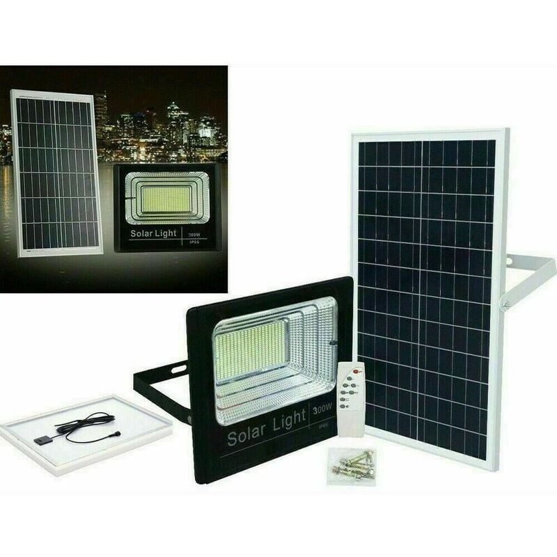 foto del prodotto faro led 300w con pannello solare luce fredda crepuscolare telecomando esterno