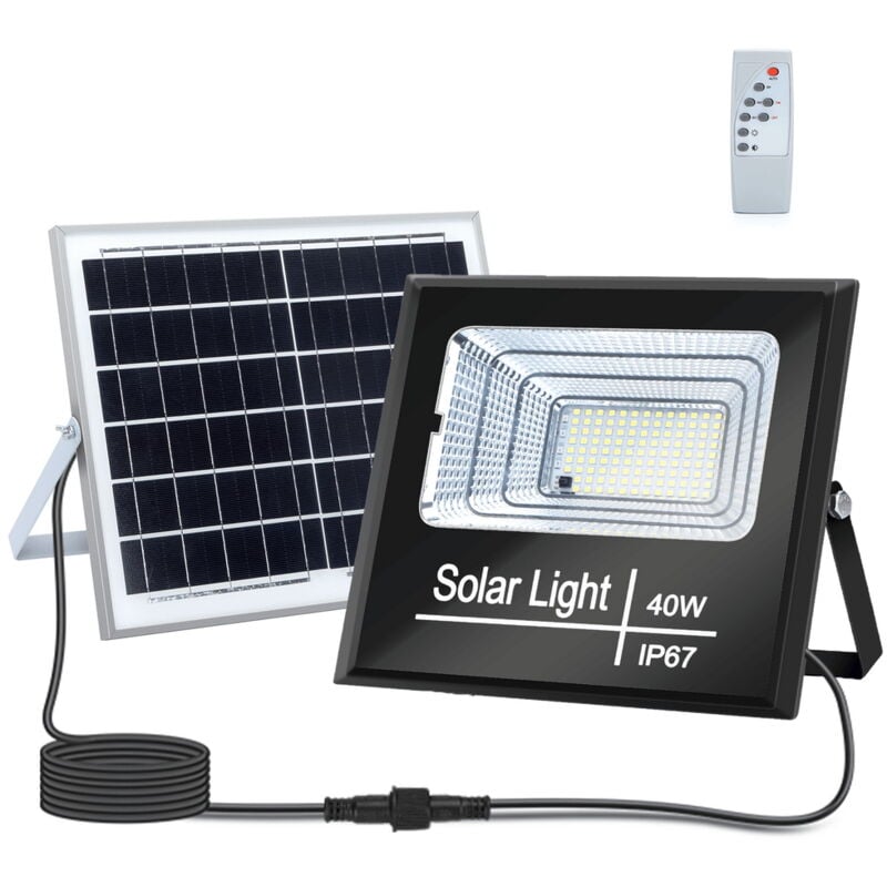 foto del prodotto faro led 40w nero con pannello solare ip67 bianco freddo 6500k dimmerabile con telecomando e crepuscolare aigostar
