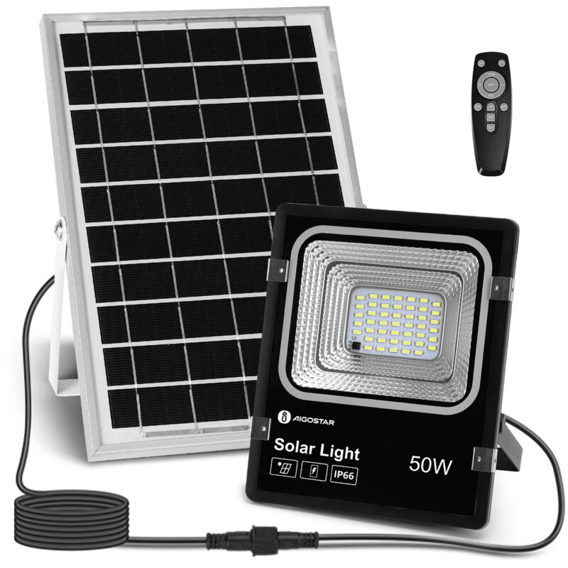 foto del prodotto faro led 50w nero con pannello solare ip66 bianco freddo 6500k dimmerabile con telecomando e crepuscolare aigostar