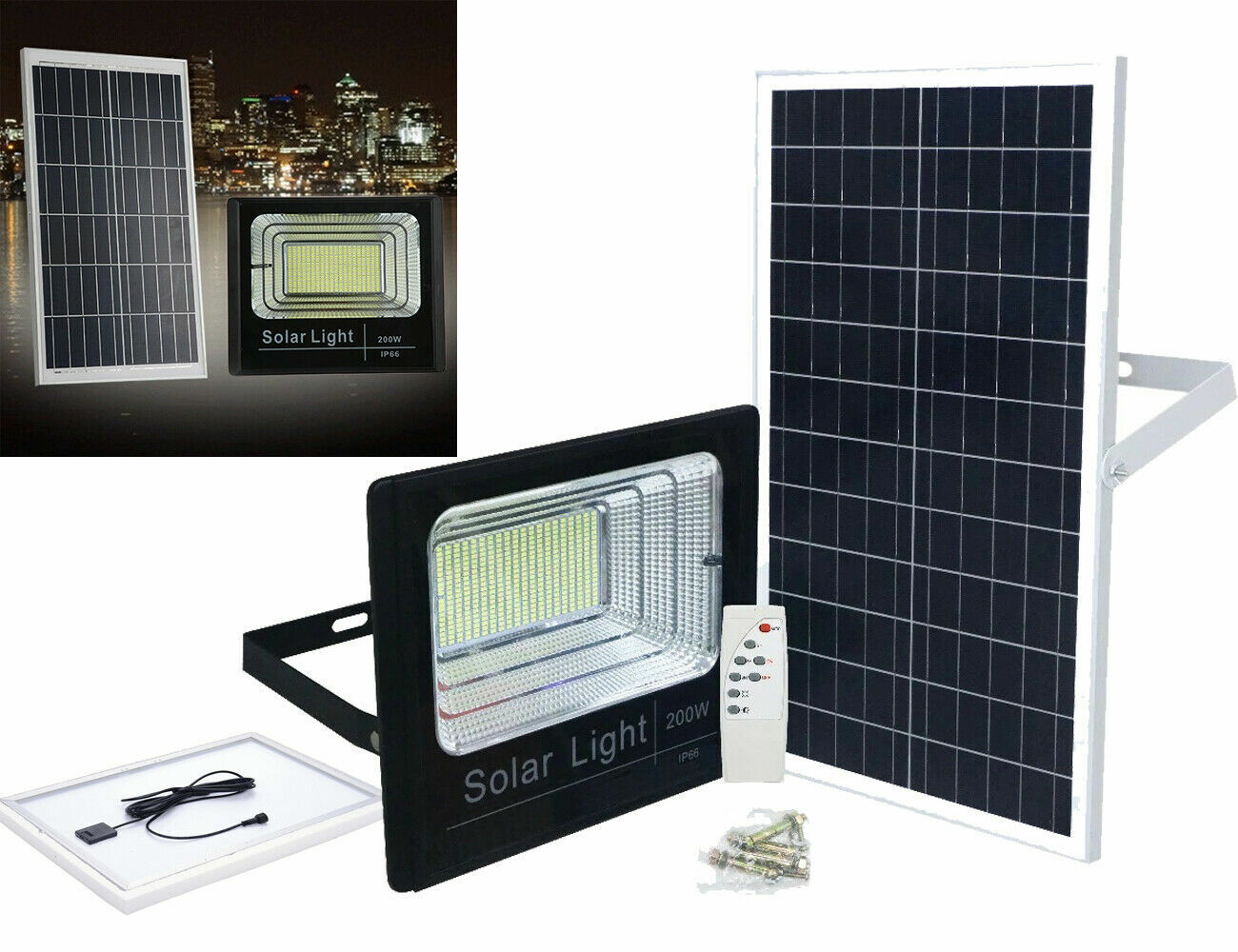 foto del prodotto faro led con pannello solare crepuscolare da 200w + telecomando