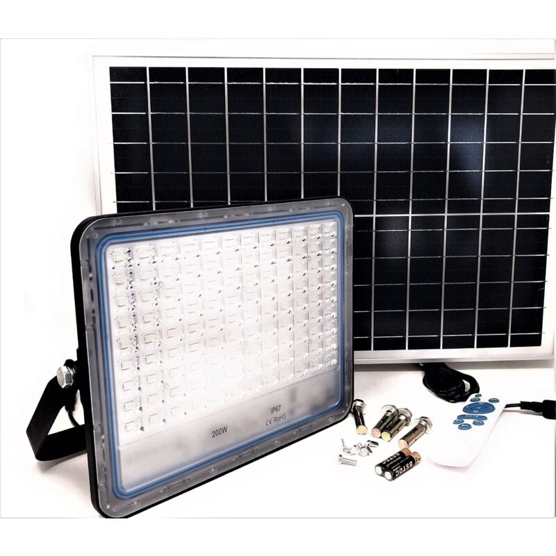 foto del prodotto faro led da esterno 200w luce bianca fredda con pannello solare e telecomando tempo di saldi
