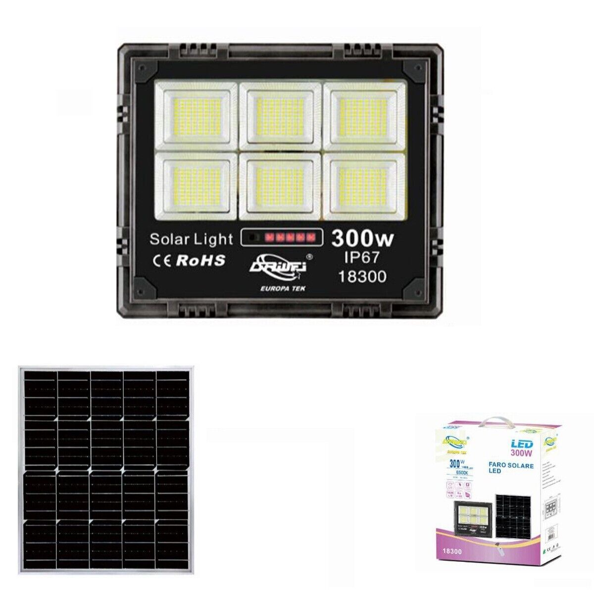 foto del prodotto faro led faretto alta luminosita 39 pannello solare crepuscolare ip67 18300 300w