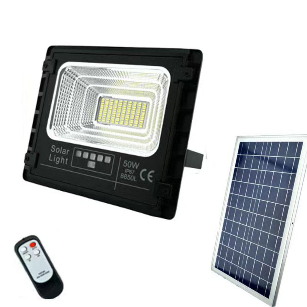 foto del prodotto faro led faretto alta luminosita' pannello solare crepuscolare telecomando 50w