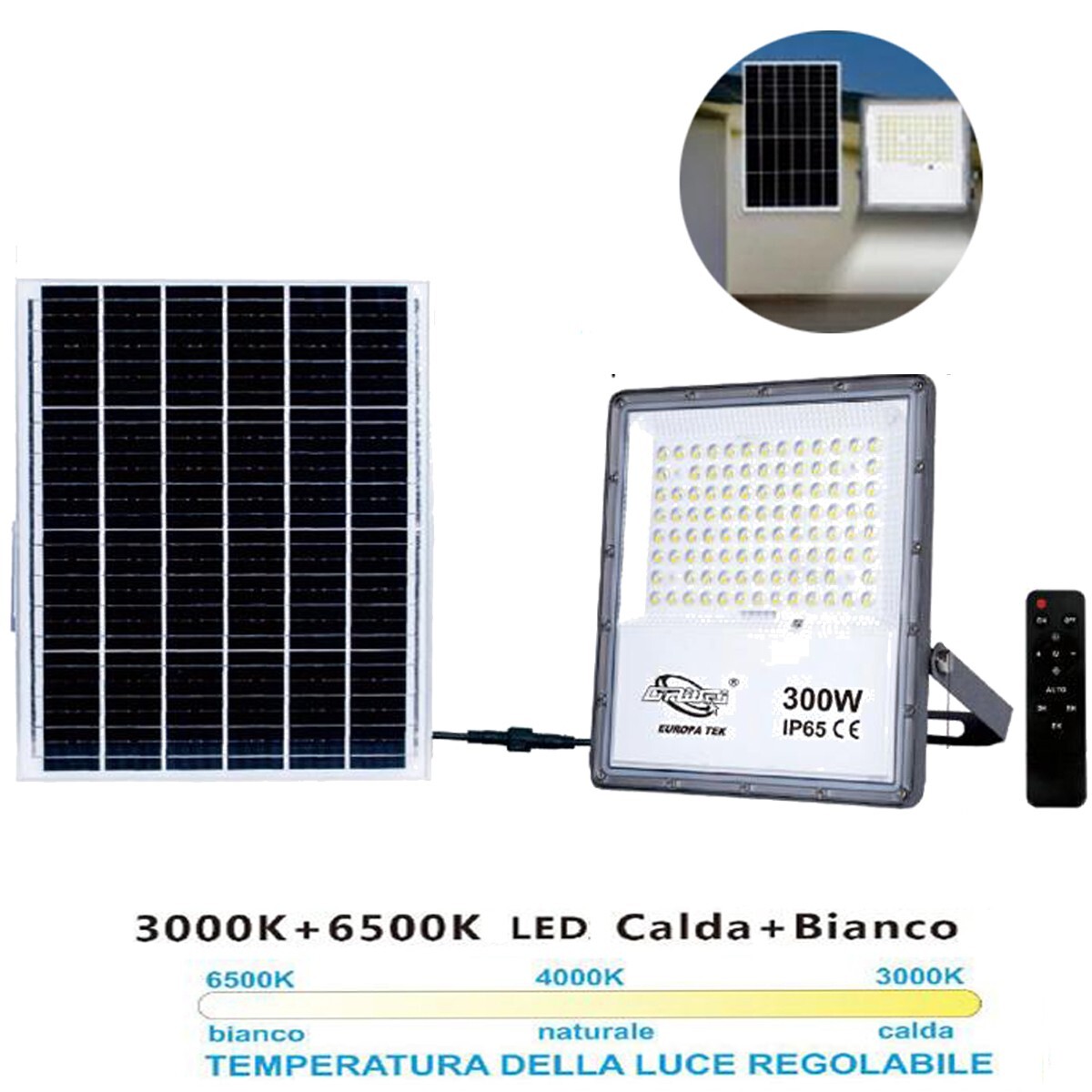 foto del prodotto faro led faretto pannello solare crepuscolare telecomando da 3000k a 6500k 300w