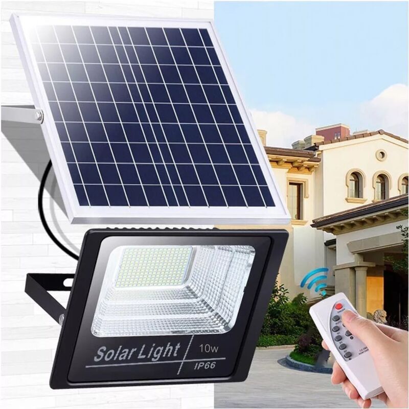 foto del prodotto faro led pannello solare crepuscolae faretto 10 w luce bianca telecomando