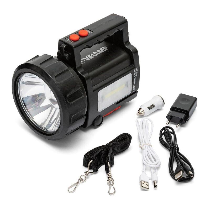 foto del prodotto faro led portatile doomster, 10w, 735 lm, portata 1000 metri, 2 lanterne laterali, powerbank, con adattatore 220v e da auto velamp ir666 10w