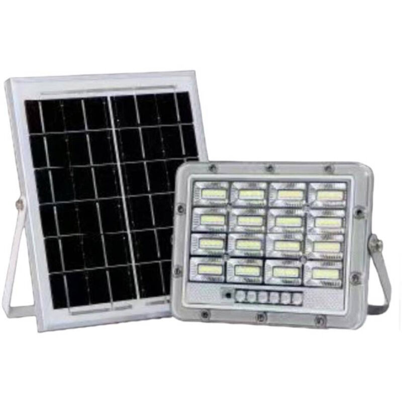 foto del prodotto faro led proiettore con pannello solare 50 watt per esterno luce bianca fredda 6500k con telecomando indicatore di carica