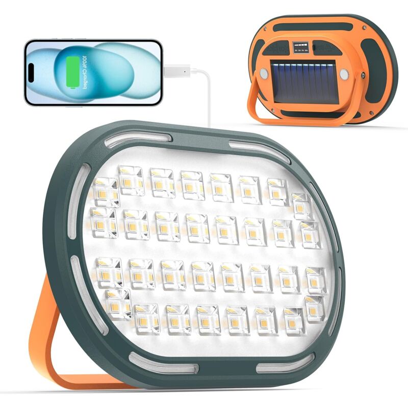 foto del prodotto faro led ricaricabile solare da 30 w, 2000 lm, faro compatto per cantieri edili con 4 modalit di illuminazione, luce da lavoro impermeabile ip65,