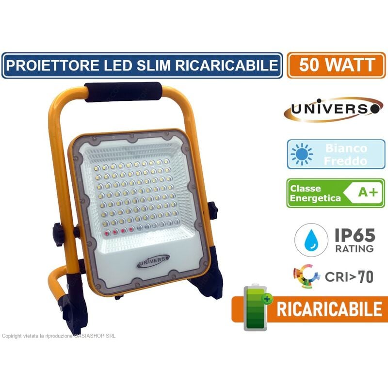 foto del prodotto faro led slim smd 50w ricaricabile e portatile con maniglia e staffa da esterno ip65 6500k colore luce bianco freddo universo