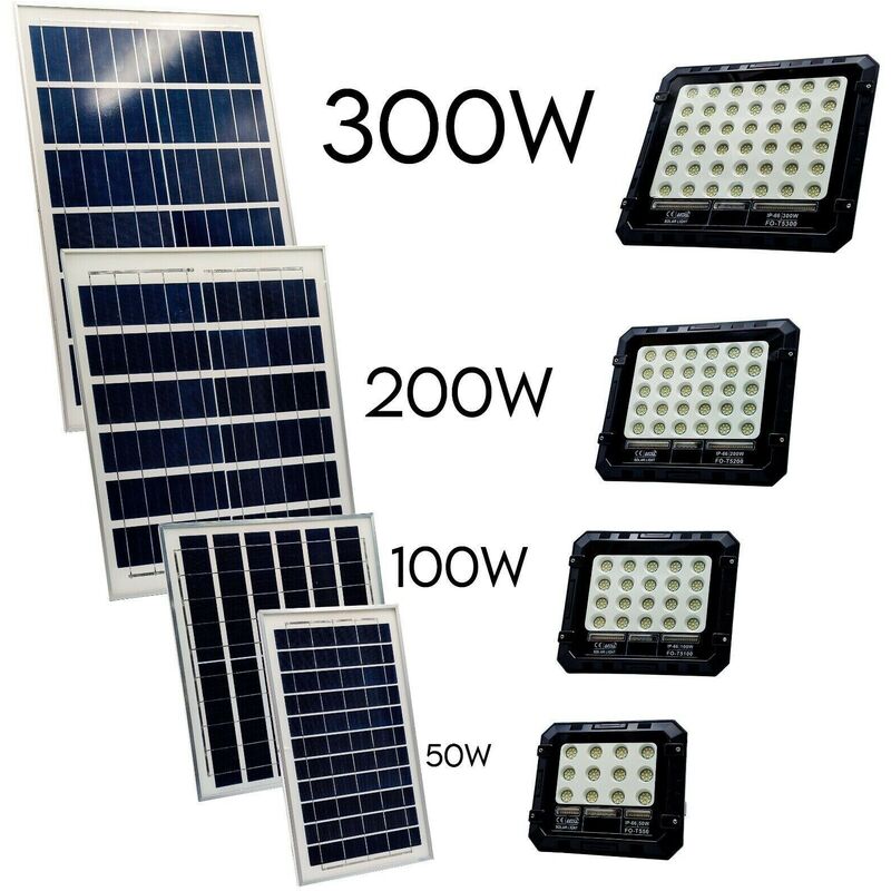 foto del prodotto faro luce led con pannello solare 50w 100w 200w 300w sensore crepuscolare ip66 200