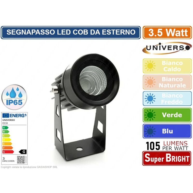 foto del prodotto faro proiettore cob led orientabile da giardino nero da 3.5w ip65 luce bianco caldo bianco naturale bianco freddo verde blu colore luce bianco