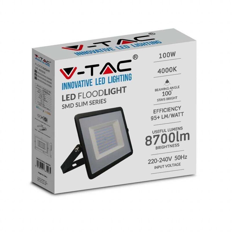 foto del prodotto faro proiettore led 100w nero da esterno ip65 bianco neutro 4000k v-tac
