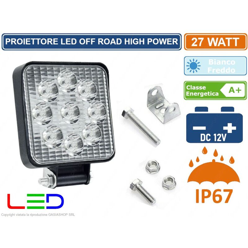 foto del prodotto faro proiettore led off road luce di lavoro supplementare 12v 27w per jeep fuoristrada ip67 quadrato