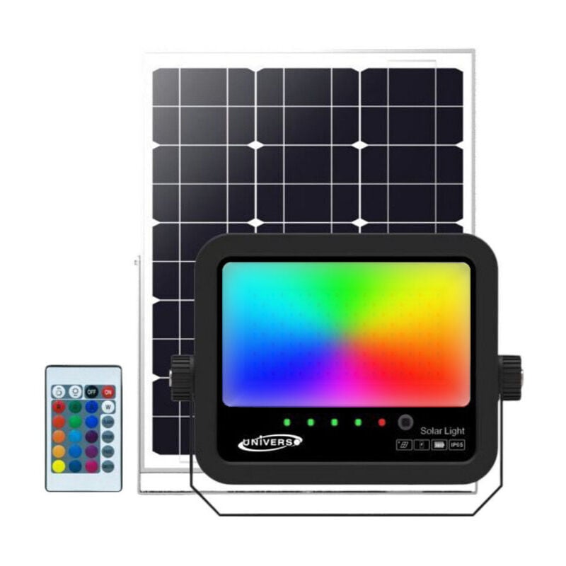 foto del prodotto faro solare rgb 80w con telecomando, pannello solare , 300 lumen, modalit flash strobo fade smooth, resistente ip65, illuminazione esterni ecologica