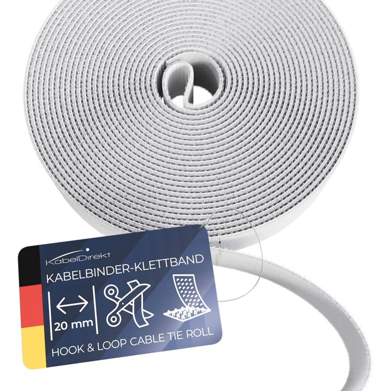 foto del prodotto fascette fermacavo 15 m 20 mm liberamente tagliabili, riutilizzabili rotolo per il taglio, richiudibile, collega i cavi e molto altro, bianco 
