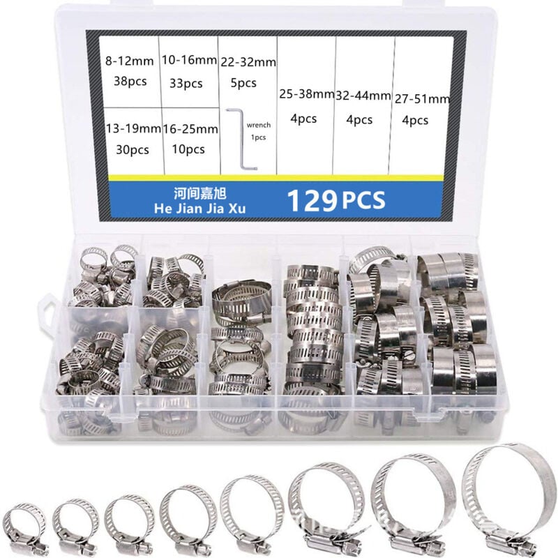 foto del prodotto fascette stringitubo regolabili in acciaio inossidabile da 6 12 mm 27 51 mm, set da 129 pezzi per tubo flessibile del gas