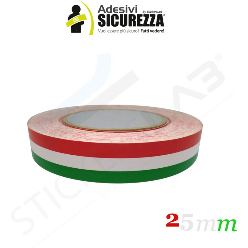 foto del prodotto fascia adesiva tricolore bandiera italia in 5 misure a scelta packaging 25mm 2,5cm x 100cm