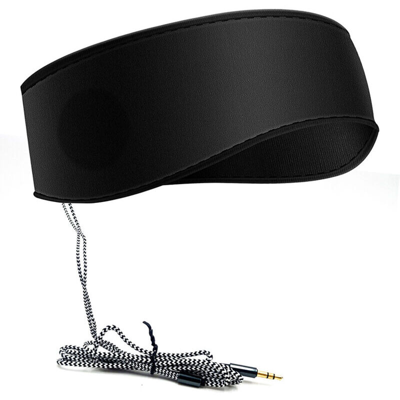 foto del prodotto fascia per dormire nera con auricolari, fascia elastica morbida cablata da 3,5 mm con altoparlanti sottili, comodi auricolari per dormire ymyny