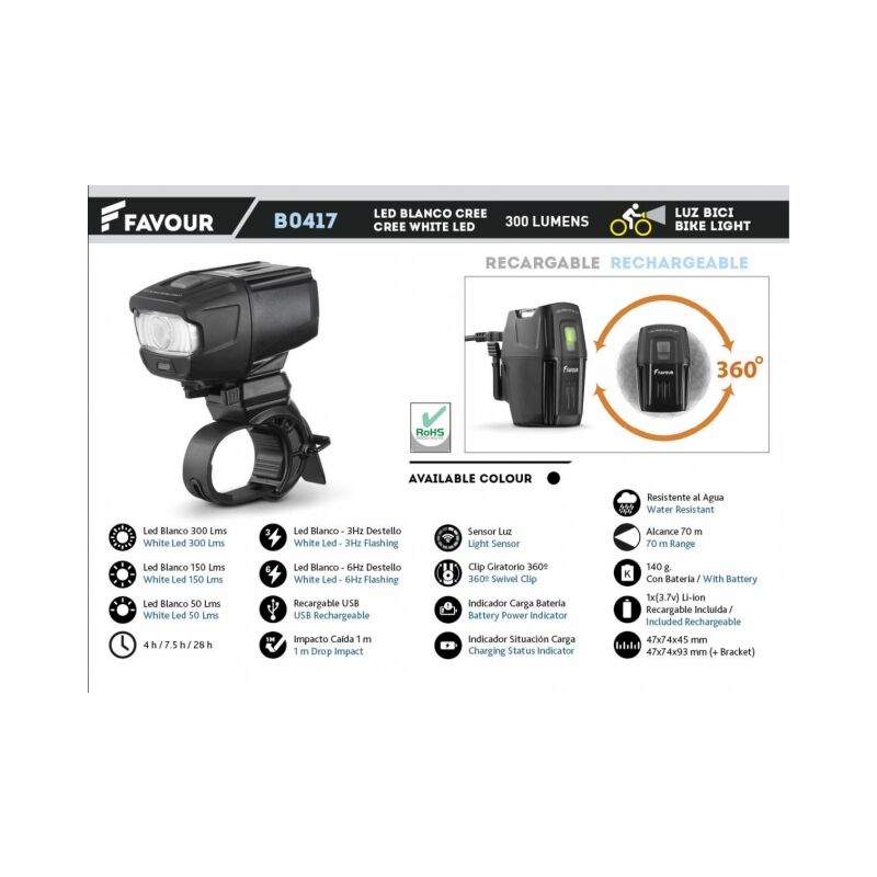 foto del prodotto favour luce per bicicletta ricaricabile led led bianco cree 300 lumen nero con soporte 360 rotante b0417