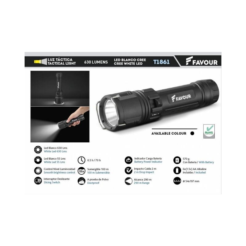 foto del prodotto favour tactical dive light 100 m cree white led 630lm con 6 batterie aa incluse t1861
