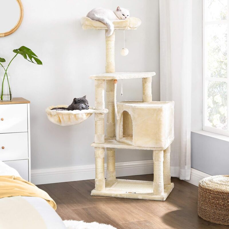 foto del prodotto feandrea albero per gatti alto 138 cm, tiragraffi per gatti, con base e 9 pali graffiatoi, 1 piattaforma, 1 grotta, 1 amaca, 1 pompon, 1 corda, in