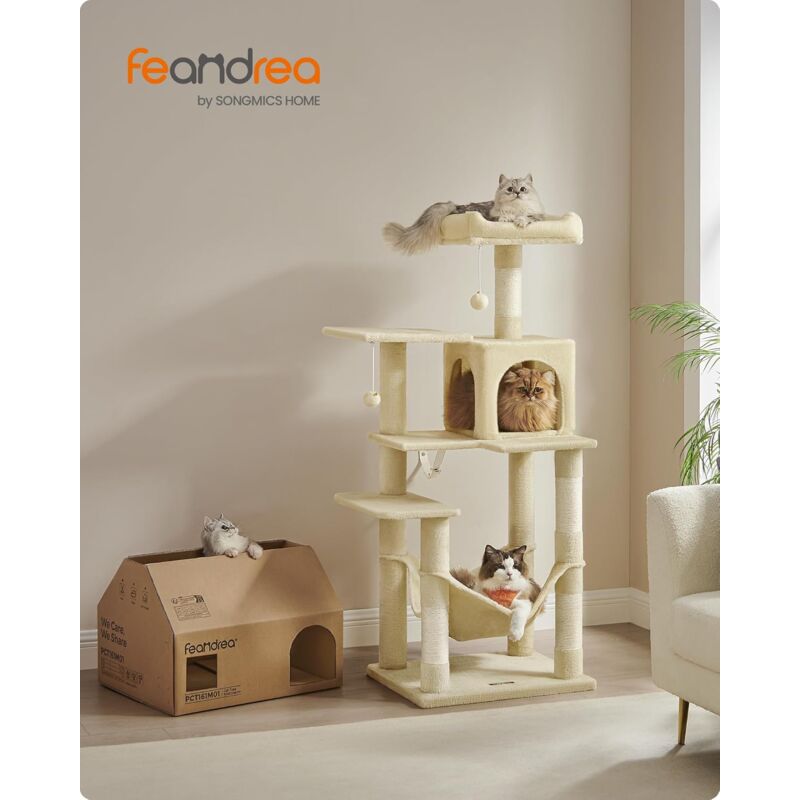 foto del prodotto feandrea albero per gatti alto 143 cm, tiragraffi per gatti, con 4 pali graffiatoi, 2 posatoi, 1 grotta, 1 amaca, 2 pompon, in peluche a pi 