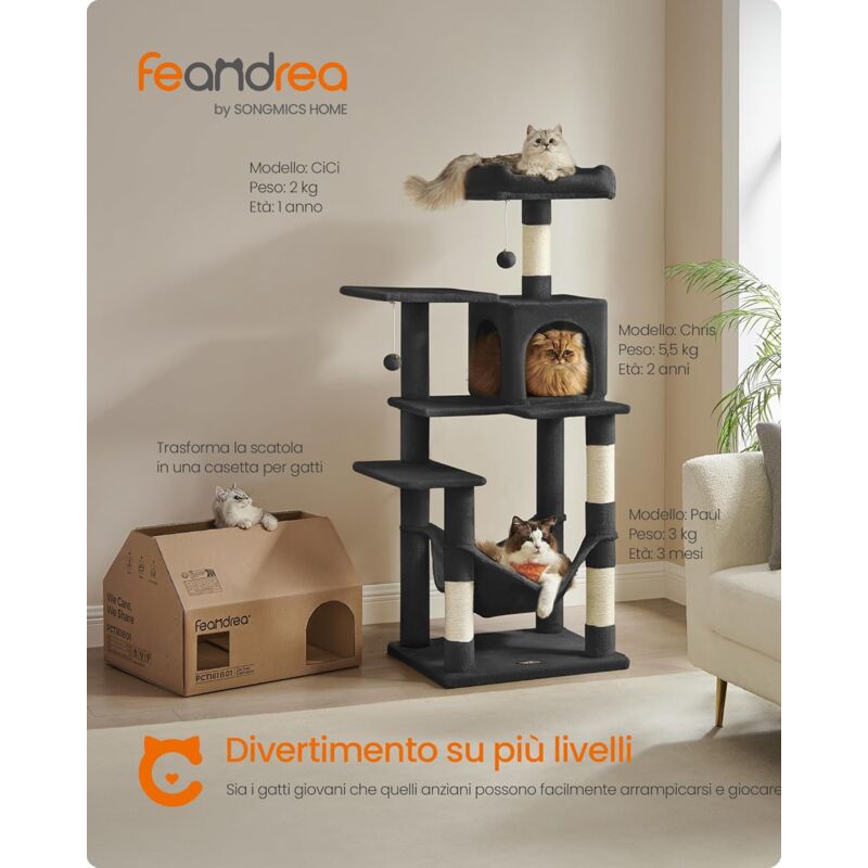 foto del prodotto feandrea albero per gatti alto 143 cm, tiragraffi per gatti, con 4 pali graffiatoi, 2 posatoi, 1 grotta, 1 amaca, 2 pompon, in peluche a pi livelli,