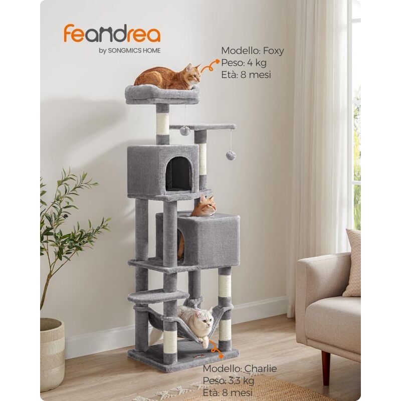 foto del prodotto feandrea albero per gatti alto 155 cm, tiragraffi per gatti con 5 pali graffiatoi, 2 posatoi, 2 grotte, amaca, 2 pompon, in peluche a pi livelli,