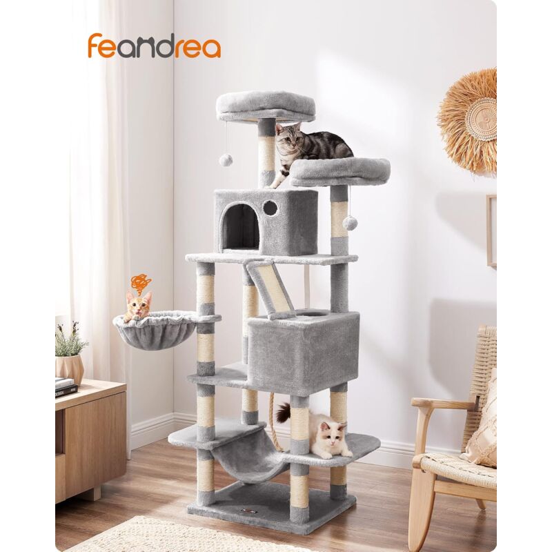 foto del prodotto feandrea albero per gatti, alto 168 cm, tiragraffi per gatti con 13 graffiatoi, 2 posatoi, 2 grotte, cesto, amaca, pompon, in peluche a pi livelli