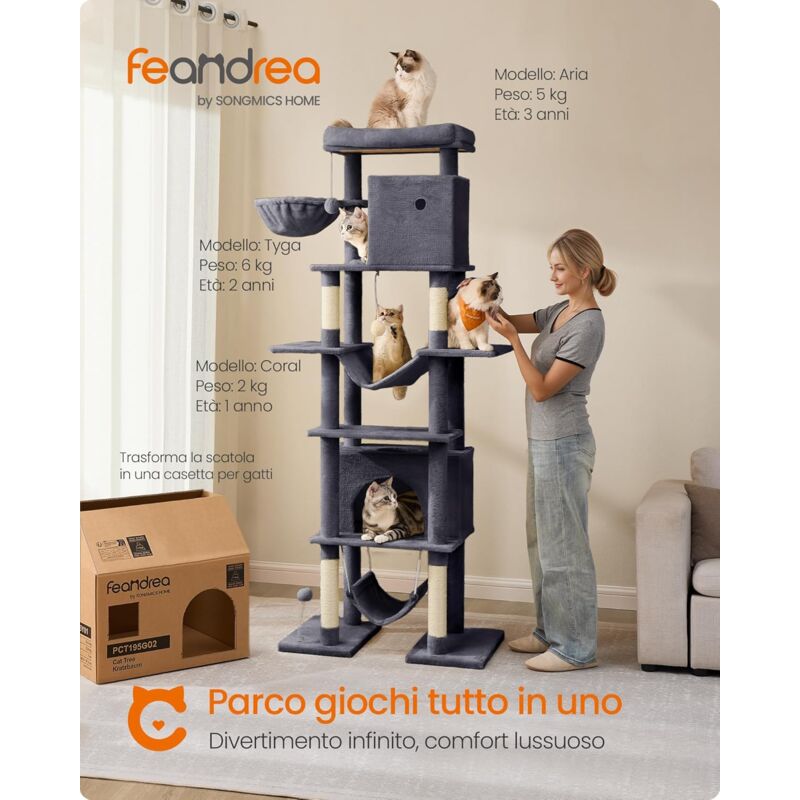 foto del prodotto feandrea albero per gatti grande, tiragraffi multilivello xxl, alto 201 cm, con una piattaforma, un amaca, 2 casette per gatti, 2 amache, kit