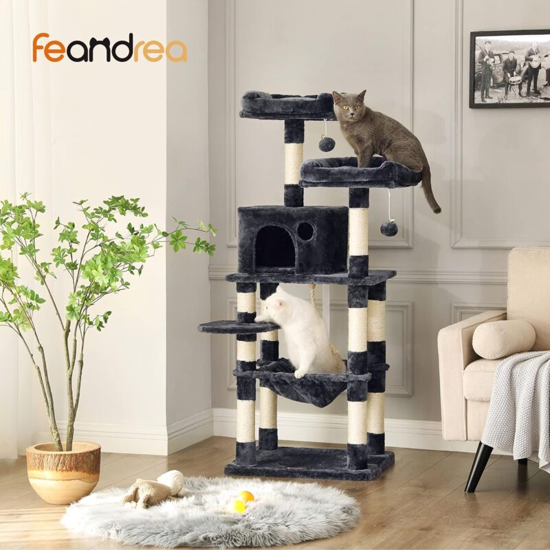 foto del prodotto feandrea albero per gatti, tiragraffi, 2 posatoi 143 cm, grigio fumo da songmics