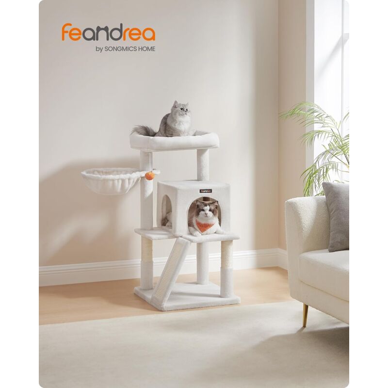 foto del prodotto feandrea albero per gatti, tiragraffi per gatti, pali e rampa graffiatoio in sisal naturale, 2 pompon sospesi, grotta, cesto, trespolo di peluche,