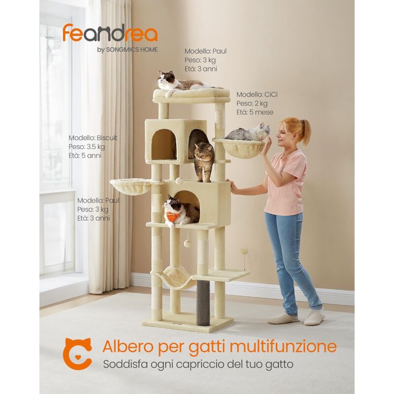 foto del prodotto feandrea albero per gatti, torre tiragraffi alto 175 cm, multilivelli con 2 grotte, 2 cestini, 5 graffiatoi, autospazzola, trespolo, amaca, beige