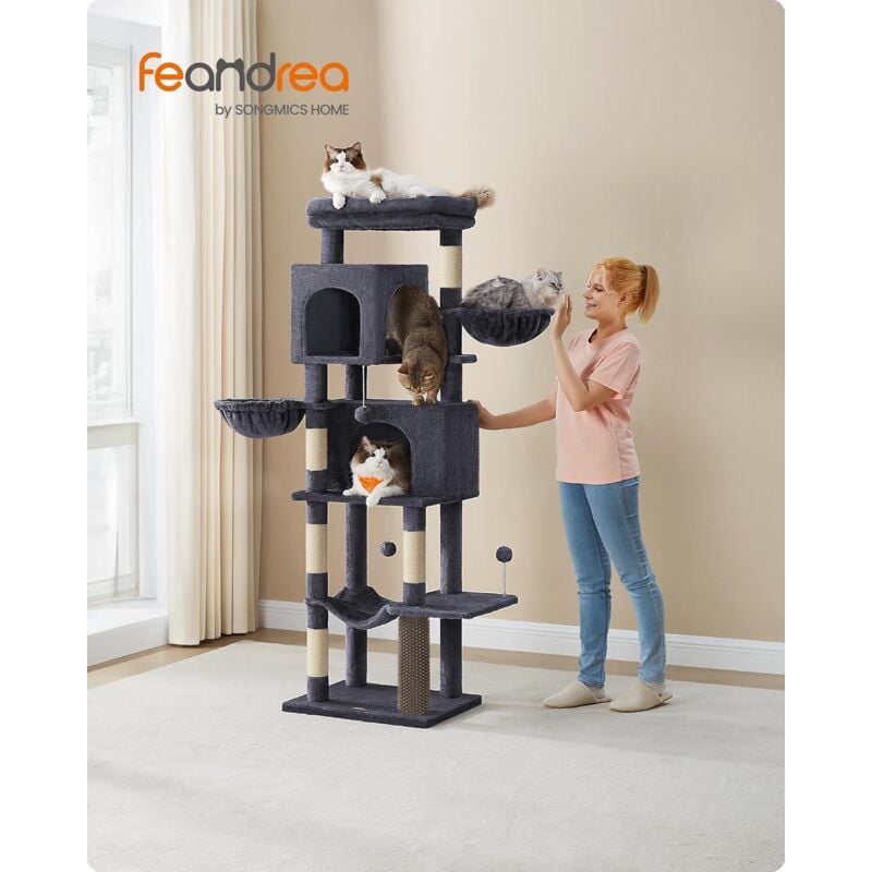 foto del prodotto feandrea albero per gatti, torre tiragraffi alto 175 cm, multilivelli con 2 grotte, 2 cestini, 5 graffiatoi, autospazzola, trespolo, amaca, grigio