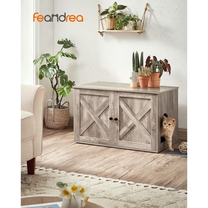 foto del prodotto feandrea mobile lettiera per gatti, toeletta per gatti con divisorio rimovibile, cassetta per gatti per interno, tavolino, 80 x 53 x 50 cm, greige