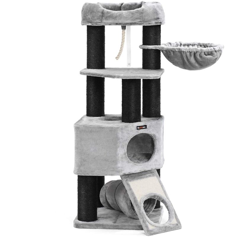 foto del prodotto feandrea tiragraffi, albero per gatti con piazzola morbida in peluche, ampia casetta e cuccia rotonda, spesse colonne completamente rivestite in