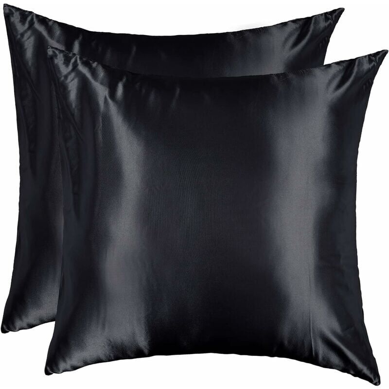 foto del prodotto federa in raso 60x60 set di 2 federe per cuscino quadrate lisce ed eleganti, comfort setoso, pelle fresca, estate, cerniera, casa, hotel, nero
