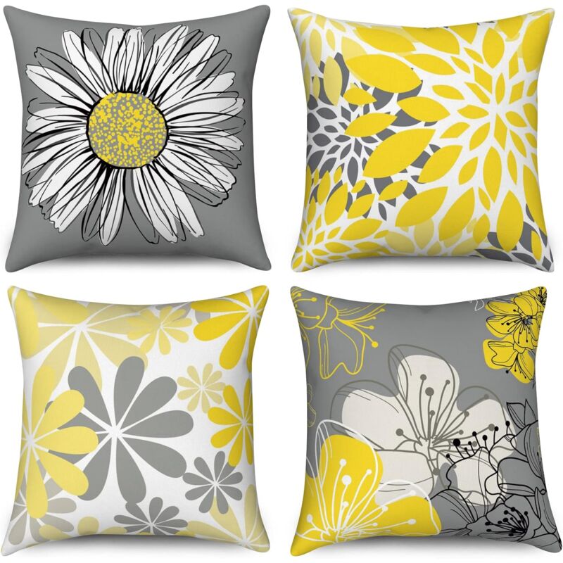 foto del prodotto federa per cuscino gialla 45x45, set di 4, federe decorative con fiori gialli e grigi, moderna federa per cuscino in lino stile boho, per divano