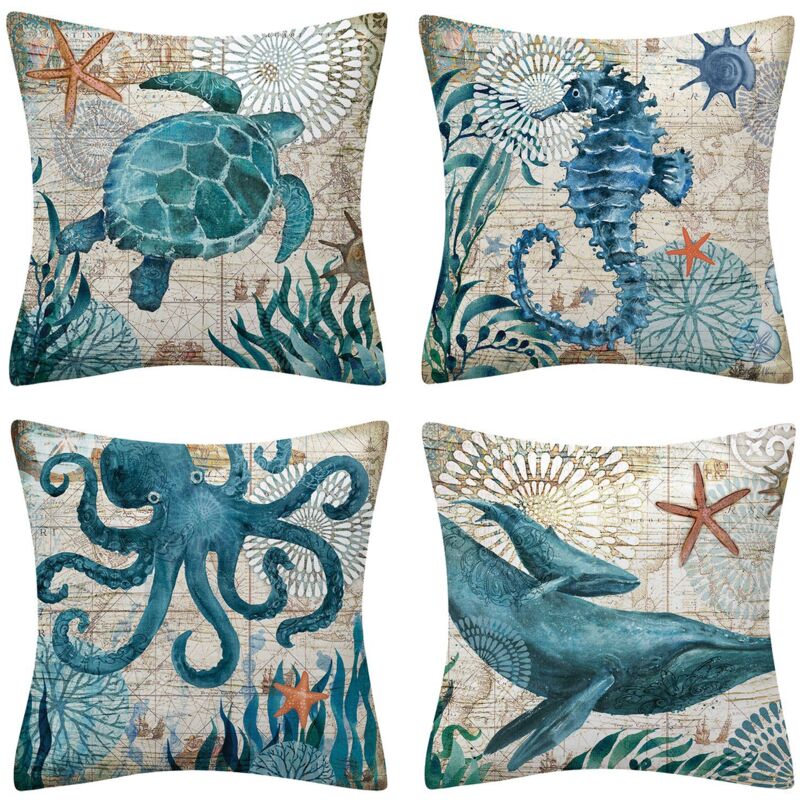 foto del prodotto federa per cuscino, set di 4 federe per divano con motivo vita marina blu impermeabile per decorazione della camera da letto, soggiorno, giardino,